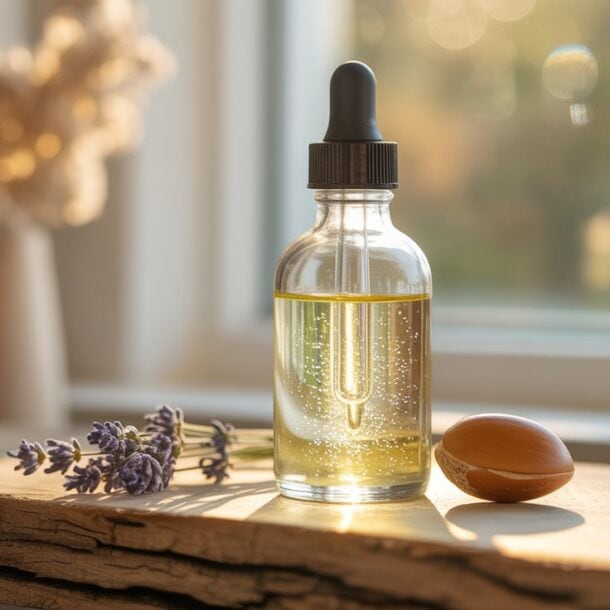 A glass dropper bottle filled with yellow Shimmer Body Oil sits on a wooden windowsill beside a sprig of lavender and a smooth brown stone. Sunlight streams through the window, creating a warm and cozy atmosphere.