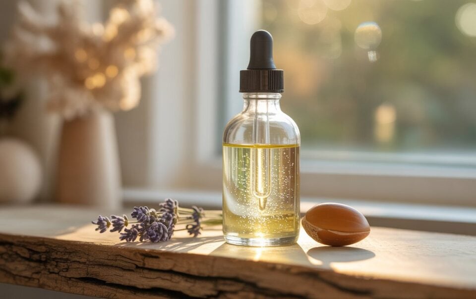 A glass dropper bottle filled with yellow Shimmer Body Oil sits on a wooden windowsill beside a sprig of lavender and a smooth brown stone. Sunlight streams through the window, creating a warm and cozy atmosphere.