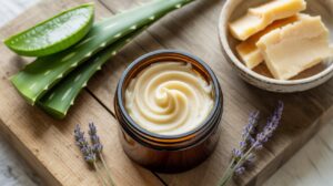 An open jar of creamy lotion sits on a wooden board, surrounded by aloe vera leaves for sunburn relief, lavender sprigs, and a bowl with chunks of tallow butter, suggesting natural skincare ingredients.