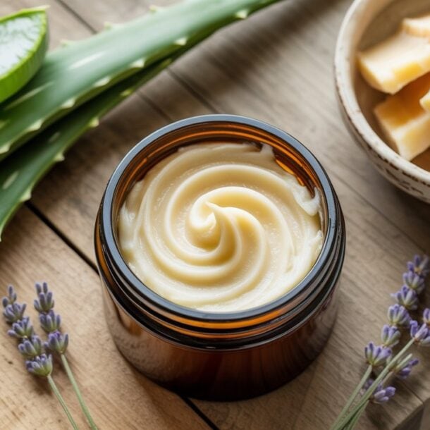 An open jar of creamy lotion sits on a wooden board, surrounded by aloe vera leaves for sunburn relief, lavender sprigs, and a bowl with chunks of tallow butter, suggesting natural skincare ingredients.