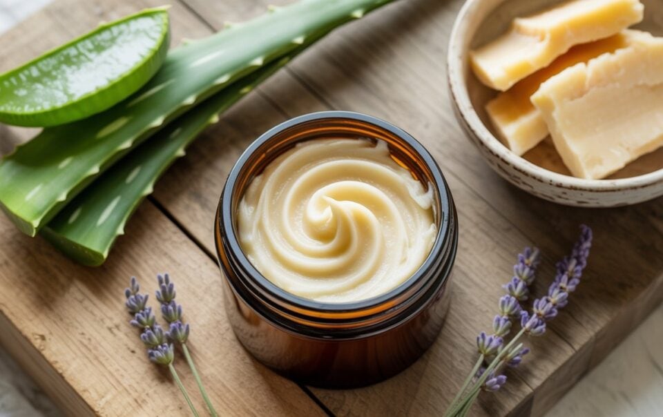 An open jar of creamy lotion sits on a wooden board, surrounded by aloe vera leaves for sunburn relief, lavender sprigs, and a bowl with chunks of tallow butter, suggesting natural skincare ingredients.