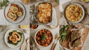 A collage of six dishes: baked salmon with lemon, cheesy lasagna in a pan, creamy risotto, shrimp on greens, a bowl of beef stew with vegetables, and herb-crusted lamb chops—perfect inspiration for your next AIP dinner recipes.