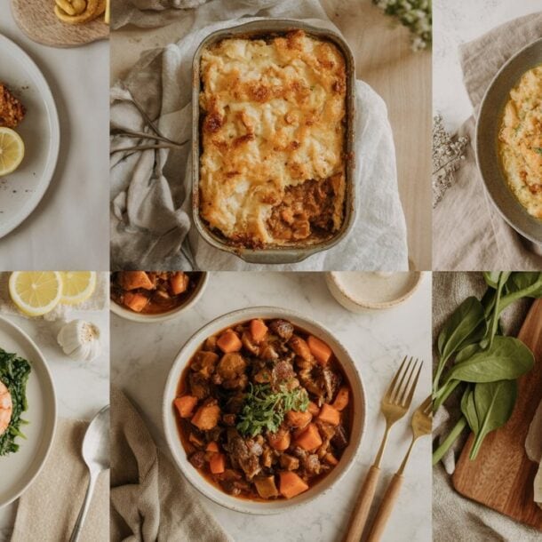A collage of six dishes: baked salmon with lemon, cheesy lasagna in a pan, creamy risotto, shrimp on greens, a bowl of beef stew with vegetables, and herb-crusted lamb chops—perfect inspiration for your next AIP dinner recipes.