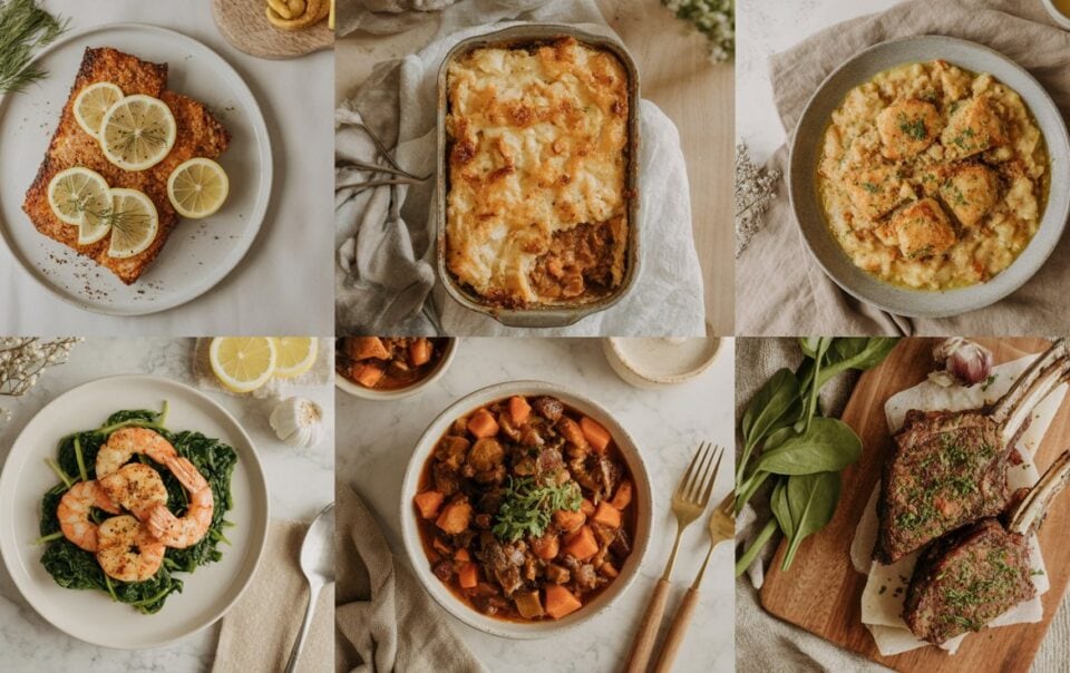 A collage of six dishes: baked salmon with lemon, cheesy lasagna in a pan, creamy risotto, shrimp on greens, a bowl of beef stew with vegetables, and herb-crusted lamb chops—perfect inspiration for your next AIP dinner recipes.