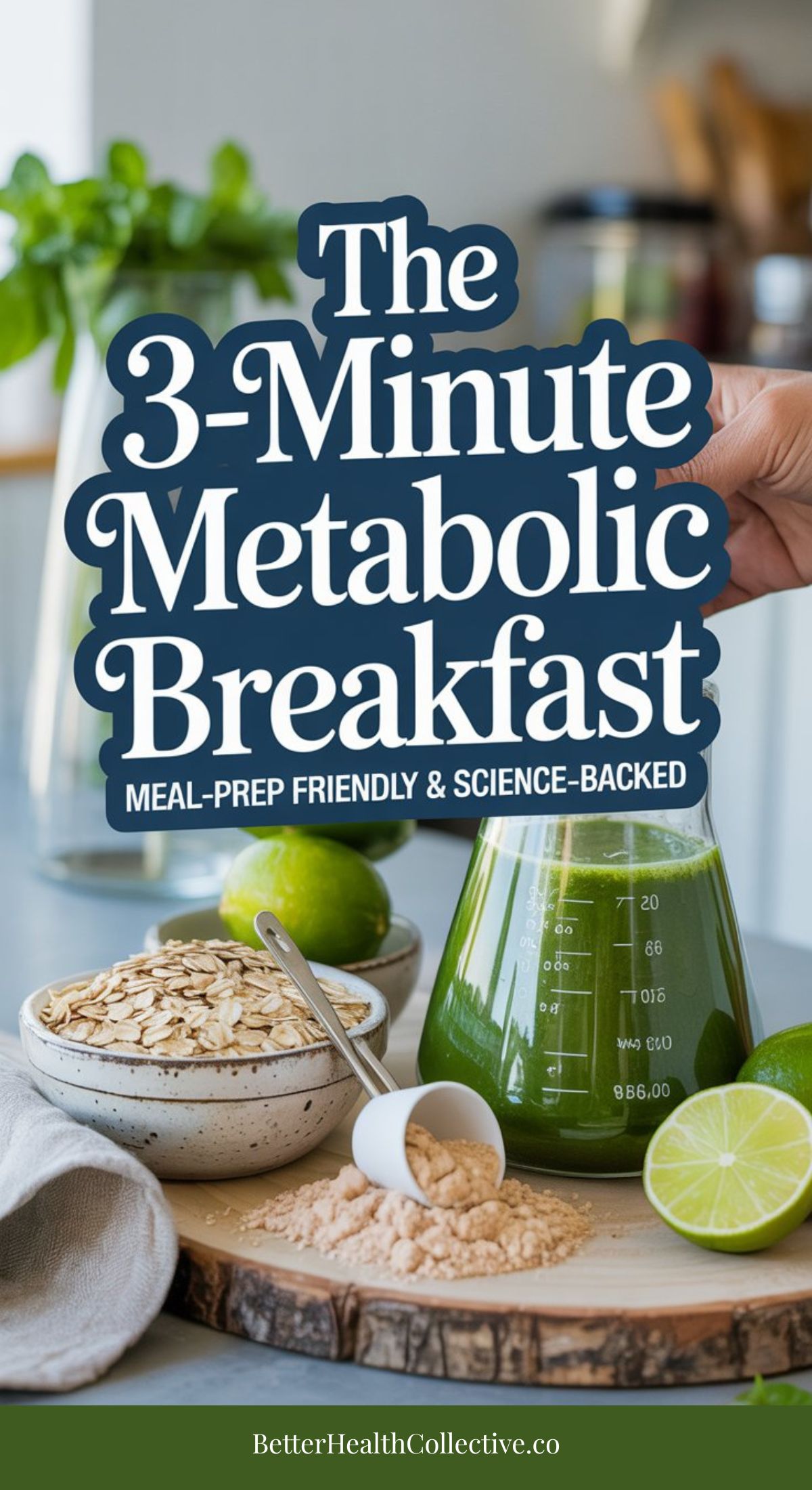 A kitchen scene with a jar of green smoothie, a bowl of oats, a spoon with powder, and two limes. Text overlay reads, “The 3-Minute Metabolic Breakfast featuring the viral Oatzempic weight loss drink. Meal-prep friendly & science-backed.”.