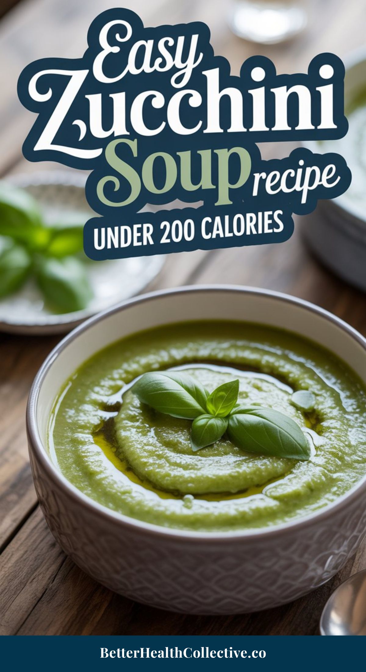 A bowl of creamy green zucchini soup garnished with fresh basil leaves sits on a wooden table. Text above reads, Easy low calorie summer recipe under 200 calories. A plate with basil is blurred in the background.