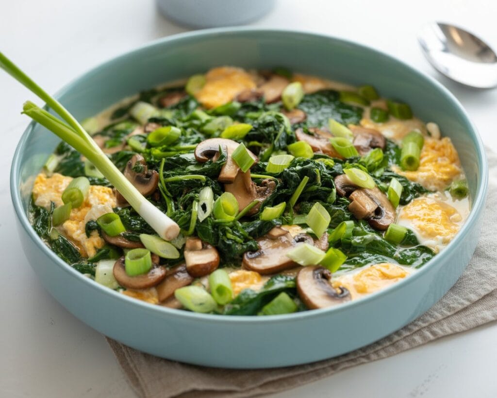 A blue dish filled with an omelette topped with sautéed spinach, sliced mushrooms, and chopped green onions, this high protein snack is under 250 calories and perfect for a nutritious boost. Placed on a cloth napkin with a spoon nearby.