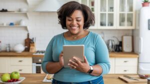 A woman in a blue shirt stands in a bright kitchen, smiling while using a tablet to explore healthy weight loss tips. There are fruits and kitchen items on the wooden counter behind her.