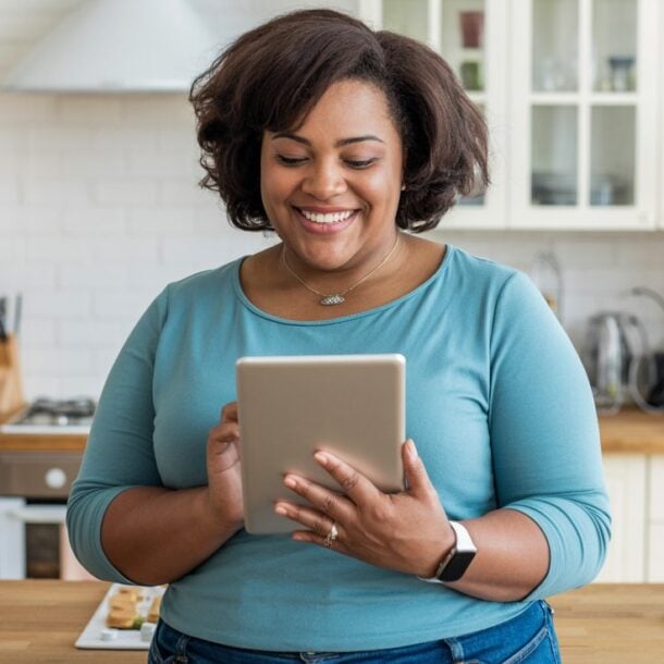 A woman in a blue shirt stands in a bright kitchen, smiling while using a tablet to explore healthy weight loss tips. There are fruits and kitchen items on the wooden counter behind her.