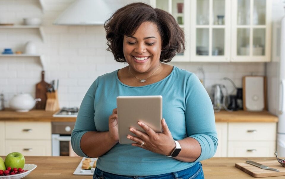 A woman in a blue shirt stands in a bright kitchen, smiling while using a tablet to explore healthy weight loss tips. There are fruits and kitchen items on the wooden counter behind her.