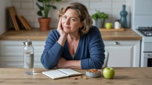 A woman with short, wavy hair sits at a kitchen table, resting her head on her hand. In front of her are a notebook, water bottle, an apple, and almonds—healthy snacks to help manage hormone health and curb cravings.