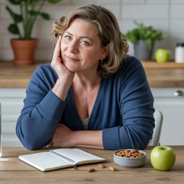 A woman with short, wavy hair sits at a kitchen table, resting her head on her hand. In front of her are a notebook, water bottle, an apple, and almonds—healthy snacks to help manage hormone health and curb cravings.