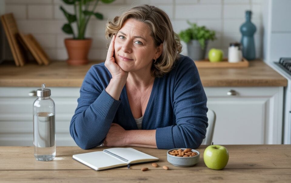 A woman with short, wavy hair sits at a kitchen table, resting her head on her hand. In front of her are a notebook, water bottle, an apple, and almonds—healthy snacks to help manage hormone health and curb cravings.