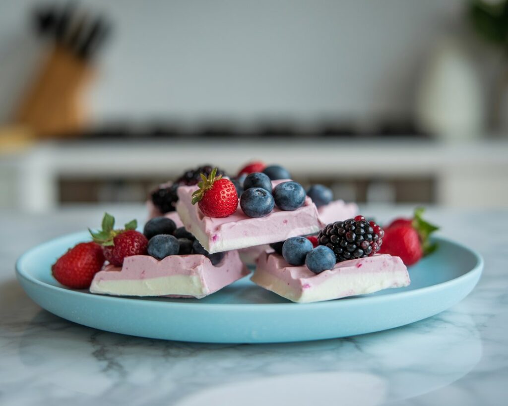 A blue plate with pieces of yogurt bark topped with fresh strawberries, blueberries, and blackberries—an ideal high protein snack—placed on a marble surface with a blurred kitchen background.