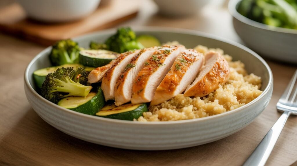 A bowl filled with sliced grilled chicken breast on a bed of quinoa, served with steamed broccoli and zucchini. This high protein dinner is neatly presented on a wooden table with a fork beside the bowl and is perfect for fat loss.