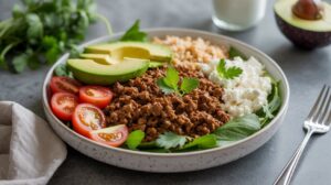 A ground beef cottage cheese bowl features ground meat, sliced avocado, cherry tomatoes, leafy greens, cottage cheese, and rice, garnished with parsley. A fork, napkin, cilantro, and half an avocado are nearby.