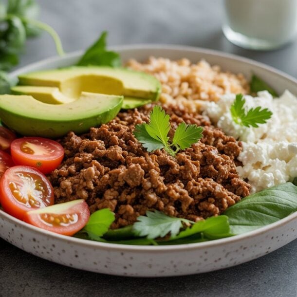 A ground beef cottage cheese bowl features ground meat, sliced avocado, cherry tomatoes, leafy greens, cottage cheese, and rice, garnished with parsley. A fork, napkin, cilantro, and half an avocado are nearby.