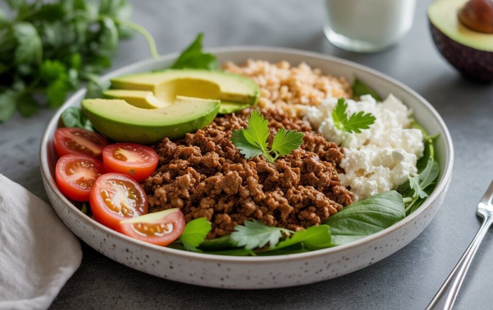 A ground beef cottage cheese bowl features ground meat, sliced avocado, cherry tomatoes, leafy greens, cottage cheese, and rice, garnished with parsley. A fork, napkin, cilantro, and half an avocado are nearby.