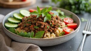 Enjoy this Quinoa Protein Bowl: cooked quinoa topped with seasoned ground beef, garnished with fresh herbs, and served with sliced cucumbers and cherry tomatoes—a perfect meal prep recipe for busy days.