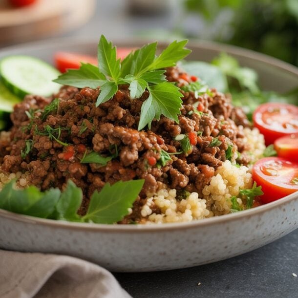 Enjoy this Quinoa Protein Bowl: cooked quinoa topped with seasoned ground beef, garnished with fresh herbs, and served with sliced cucumbers and cherry tomatoes—a perfect meal prep recipe for busy days.
