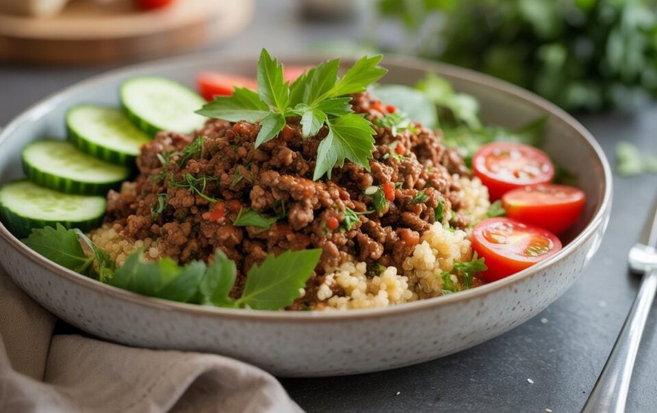 Enjoy this Quinoa Protein Bowl: cooked quinoa topped with seasoned ground beef, garnished with fresh herbs, and served with sliced cucumbers and cherry tomatoes—a perfect meal prep recipe for busy days.