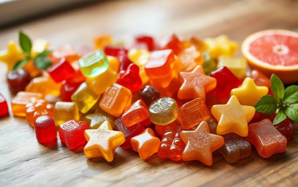 A colorful pile of assorted fruit-flavored gummy candies, reminiscent of tasty gummy vitamins without sugar, sits on a wooden surface near a sliced grapefruit and some green leaves.