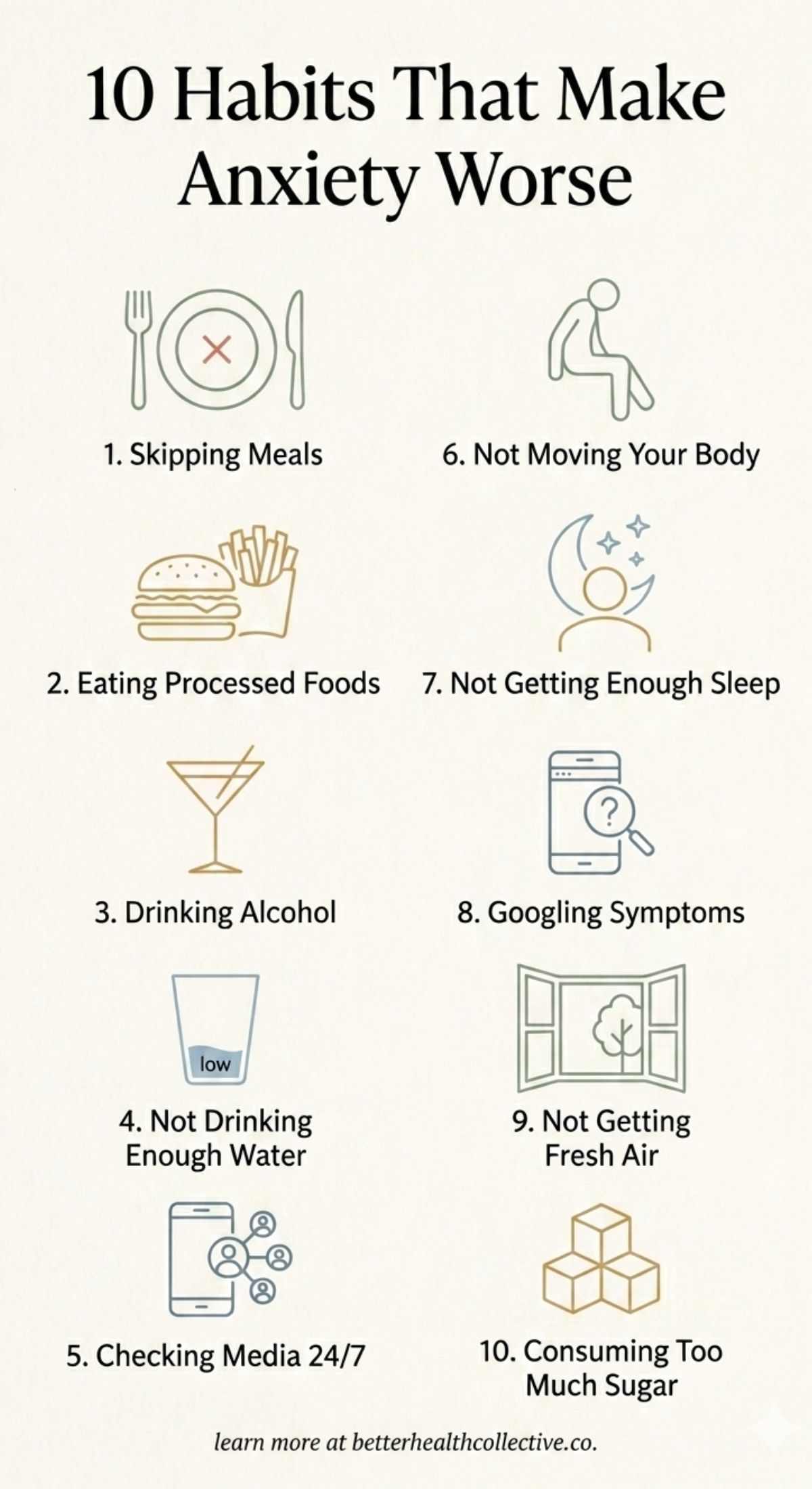 Infographic titled 10 Anxiety Habits That Make Anxiety Worse, with icons and text listing anxiety triggers like skipping meals, processed foods, lack of sleep, too much media, no fresh air, and more.