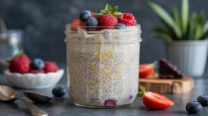 A glass jar filled with chia pudding and cottage cheese, topped with fresh strawberries, raspberries, and blueberries. A sliced strawberry, spoons, and a bowl of berries rest on a dark table, with a blurred plant in the background.
