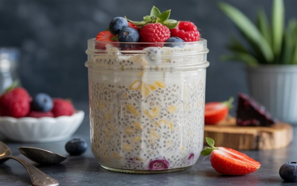 A glass jar filled with chia pudding and cottage cheese, topped with fresh strawberries, raspberries, and blueberries. A sliced strawberry, spoons, and a bowl of berries rest on a dark table, with a blurred plant in the background.