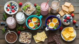 A variety of breakfast foods, including high protein snacks under 250 calories like smoothie jars, egg and vegetable bowls, granola, cheese slices, chocolate bars, chocolate spread, crackers, and fresh berries are arranged on a wooden table.