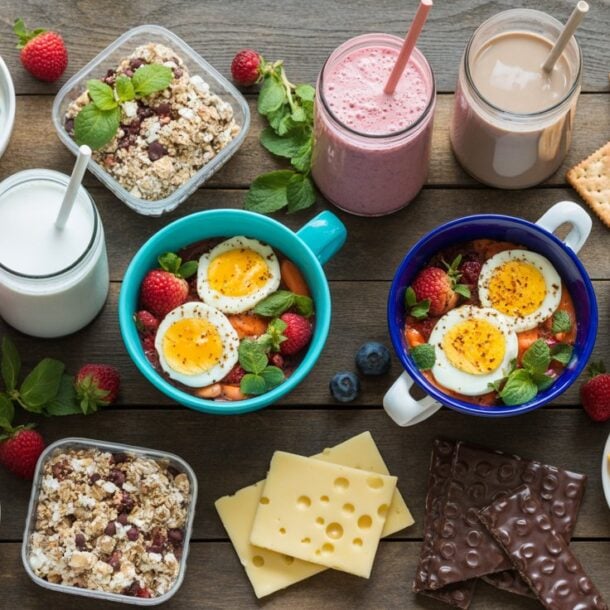 A variety of breakfast foods, including high protein snacks under 250 calories like smoothie jars, egg and vegetable bowls, granola, cheese slices, chocolate bars, chocolate spread, crackers, and fresh berries are arranged on a wooden table.