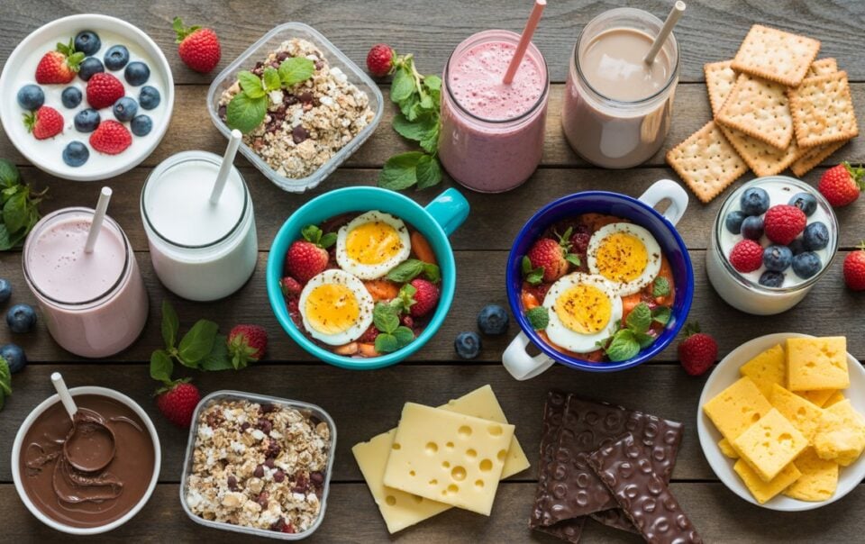 A variety of breakfast foods, including high protein snacks under 250 calories like smoothie jars, egg and vegetable bowls, granola, cheese slices, chocolate bars, chocolate spread, crackers, and fresh berries are arranged on a wooden table.