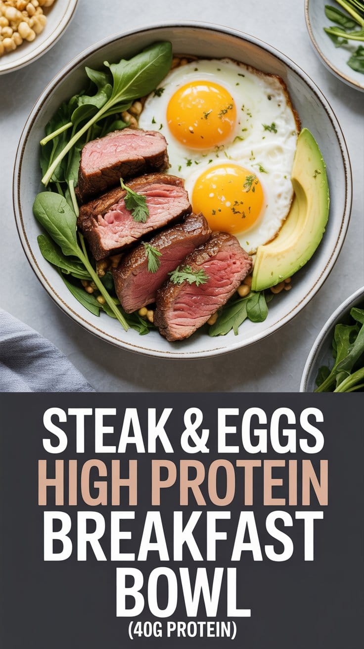 A bowl with sliced steak, two sunny-side-up eggs, avocado, greens, and beans. Text below reads: Steak & Egg Breakfast Power Bowl – a high protein start to your day with 40g of protein.