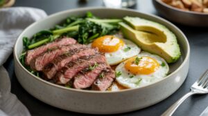 A high protein Steak and egg breakfast: sliced steak, two sunny-side-up eggs, sautéed greens, and avocado slices garnished with herbs. A fork and napkin rest nearby on a dark table.