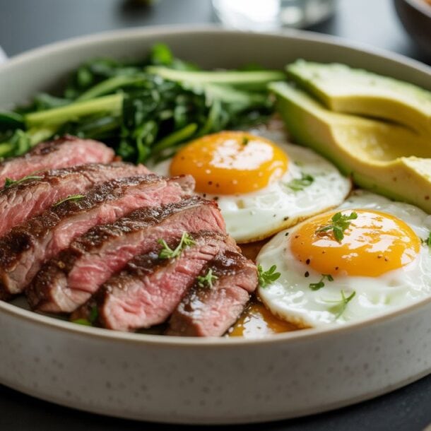 A high protein Steak and egg breakfast: sliced steak, two sunny-side-up eggs, sautéed greens, and avocado slices garnished with herbs. A fork and napkin rest nearby on a dark table.