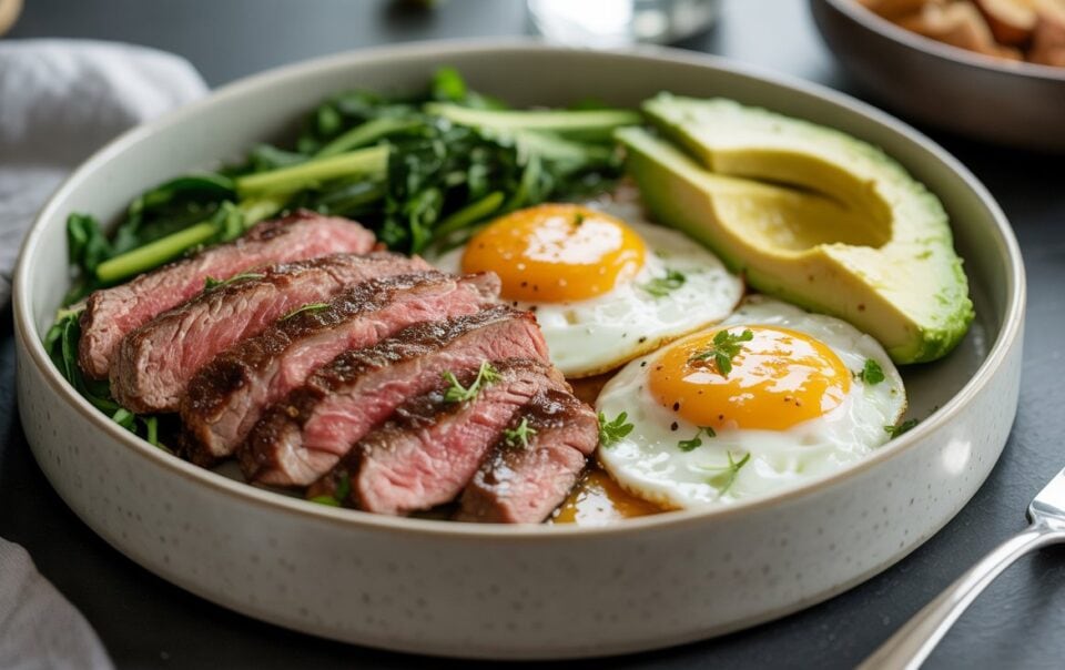 A high protein Steak and egg breakfast: sliced steak, two sunny-side-up eggs, sautéed greens, and avocado slices garnished with herbs. A fork and napkin rest nearby on a dark table.