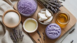A wooden board displays bowls of purple bath salts, coconut oil, honey, coconut pieces, and dried lavender sprigs—perfect for crafting a DIY body scrub or Lavender magnesium body scrub to help achieve smooth skin.