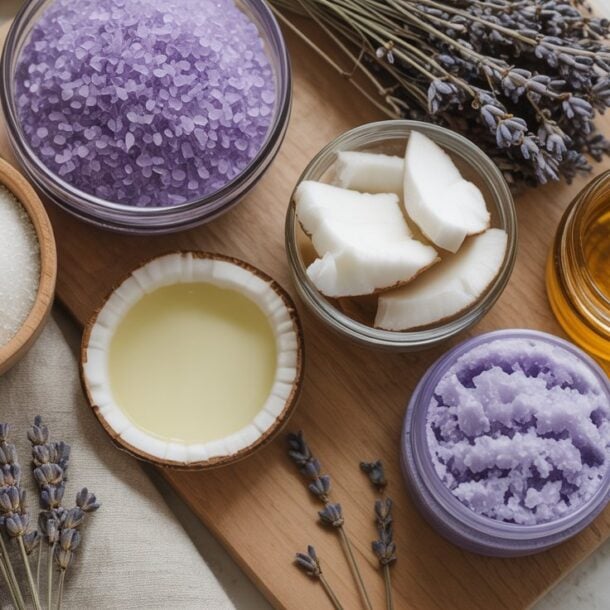 A wooden board displays bowls of purple bath salts, coconut oil, honey, coconut pieces, and dried lavender sprigs—perfect for crafting a DIY body scrub or Lavender magnesium body scrub to help achieve smooth skin.