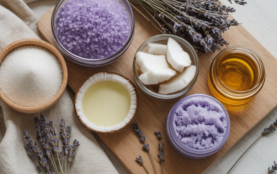 A wooden board displays bowls of purple bath salts, coconut oil, honey, coconut pieces, and dried lavender sprigs—perfect for crafting a DIY body scrub or Lavender magnesium body scrub to help achieve smooth skin.