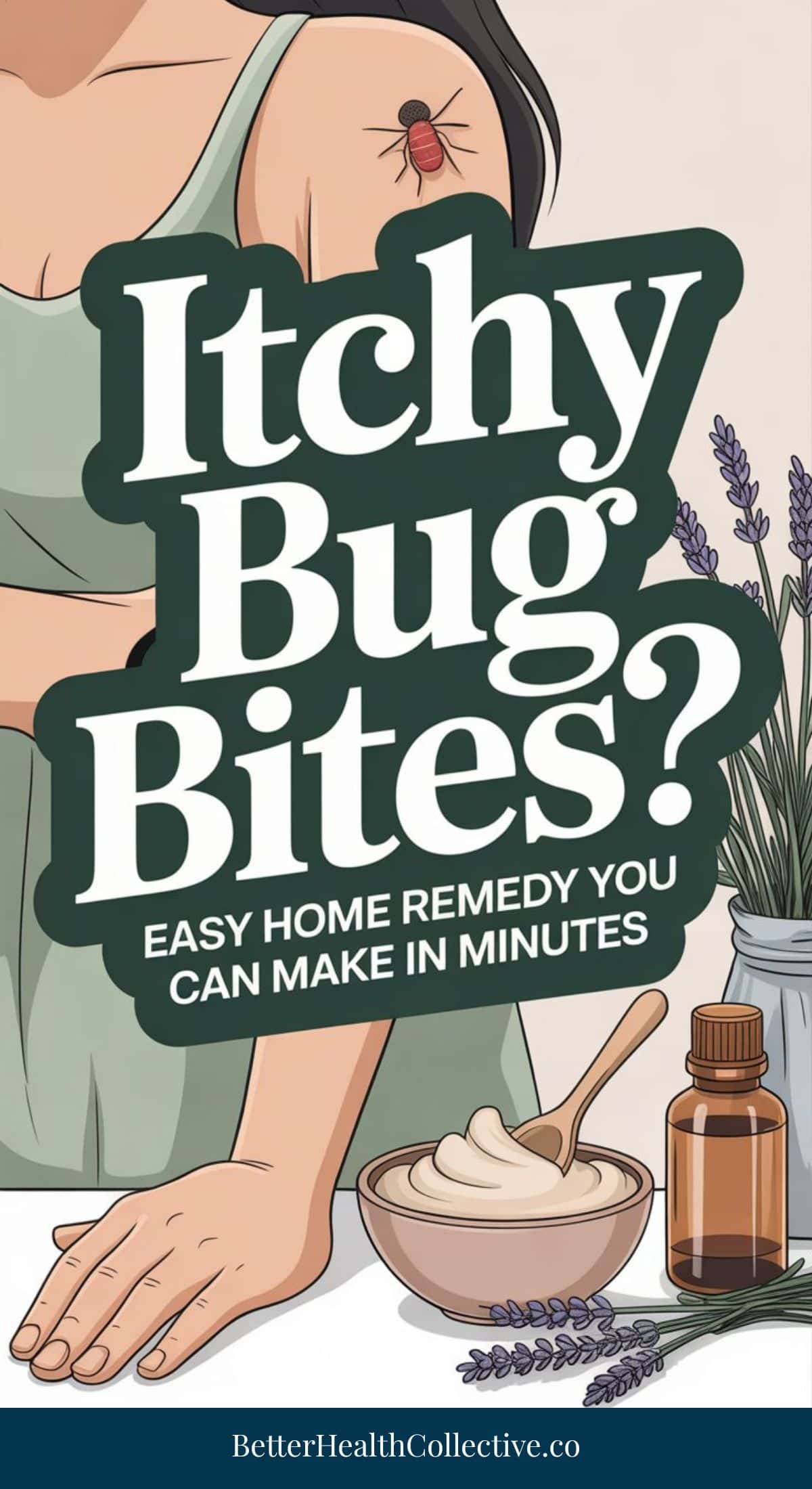 A woman with a red bug bite on her shoulder stands by a table with a bowl, wooden spoon, amber bottle, and lavender. Text reads, Itchy Bug Bites? Try this easy DIY Anti-Itch Remedy you can make in minutes.