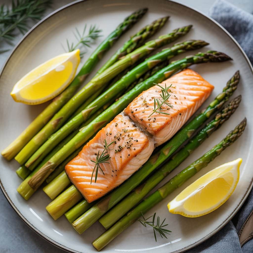 A plate with grilled salmon fillet garnished with dill, served on steamed asparagus spears and two lemon wedges—an ideal high protein dinner idea for fat loss and keeping your meal under 500 calories.