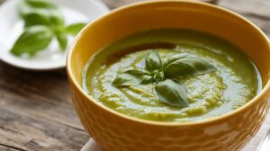 A yellow bowl of zucchini soup, a perfect low calorie summer soup recipe, is garnished with fresh basil leaves on a wooden table, with a white plate and more basil in the background.