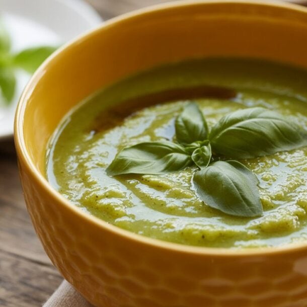 A yellow bowl of zucchini soup, a perfect low calorie summer soup recipe, is garnished with fresh basil leaves on a wooden table, with a white plate and more basil in the background.