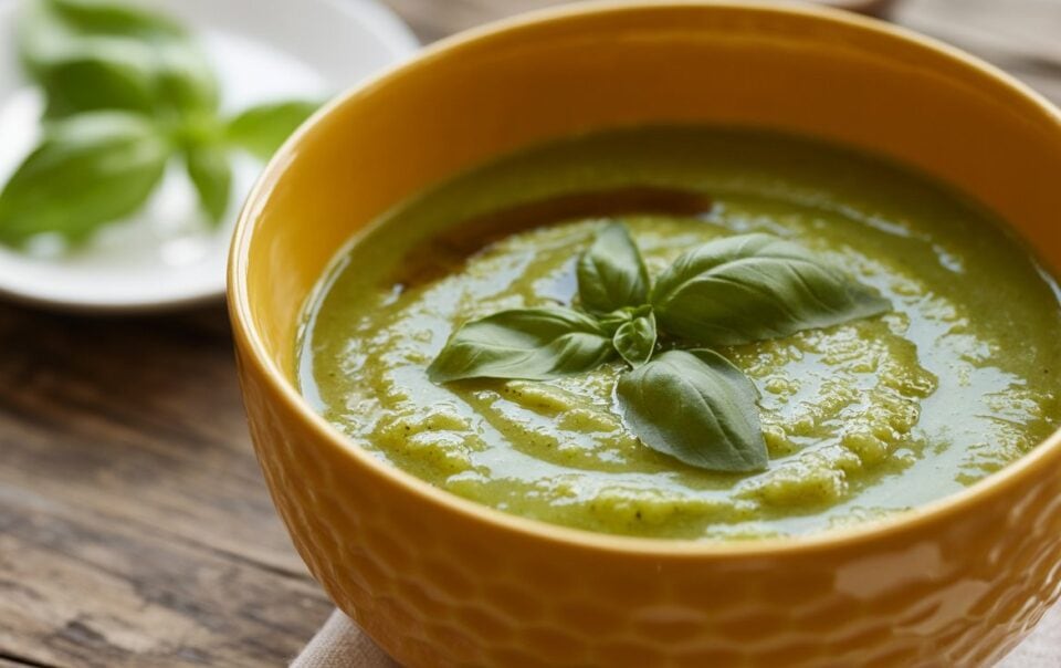 A yellow bowl of zucchini soup, a perfect low calorie summer soup recipe, is garnished with fresh basil leaves on a wooden table, with a white plate and more basil in the background.