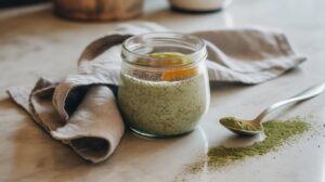 A glass jar filled with green chia pudding sits on a marble surface next to a folded beige napkin. Nearby, a spoon holds green matcha powder—perfect alongside your morning matcha overnight oats, with some powder spilled on the counter.