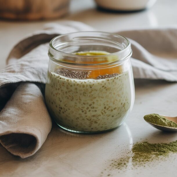 A glass jar filled with green chia pudding sits on a marble surface next to a folded beige napkin. Nearby, a spoon holds green matcha powder—perfect alongside your morning matcha overnight oats, with some powder spilled on the counter.