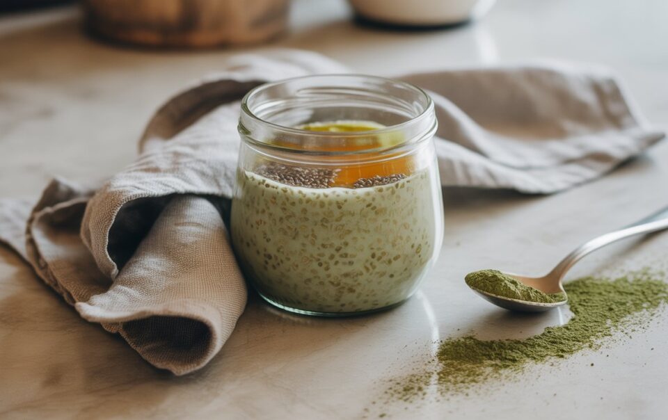A glass jar filled with green chia pudding sits on a marble surface next to a folded beige napkin. Nearby, a spoon holds green matcha powder—perfect alongside your morning matcha overnight oats, with some powder spilled on the counter.