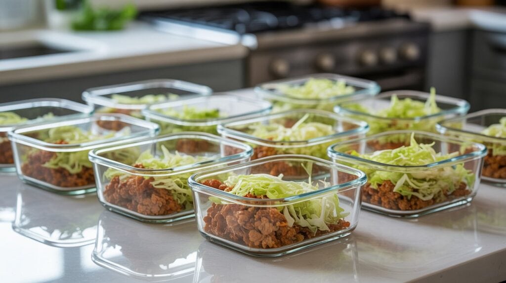 Multiple glass containers filled with ground meat and shredded cabbage are arranged on a kitchen countertop, suggesting egg roll in a bowl meal prep in a modern kitchen setting.