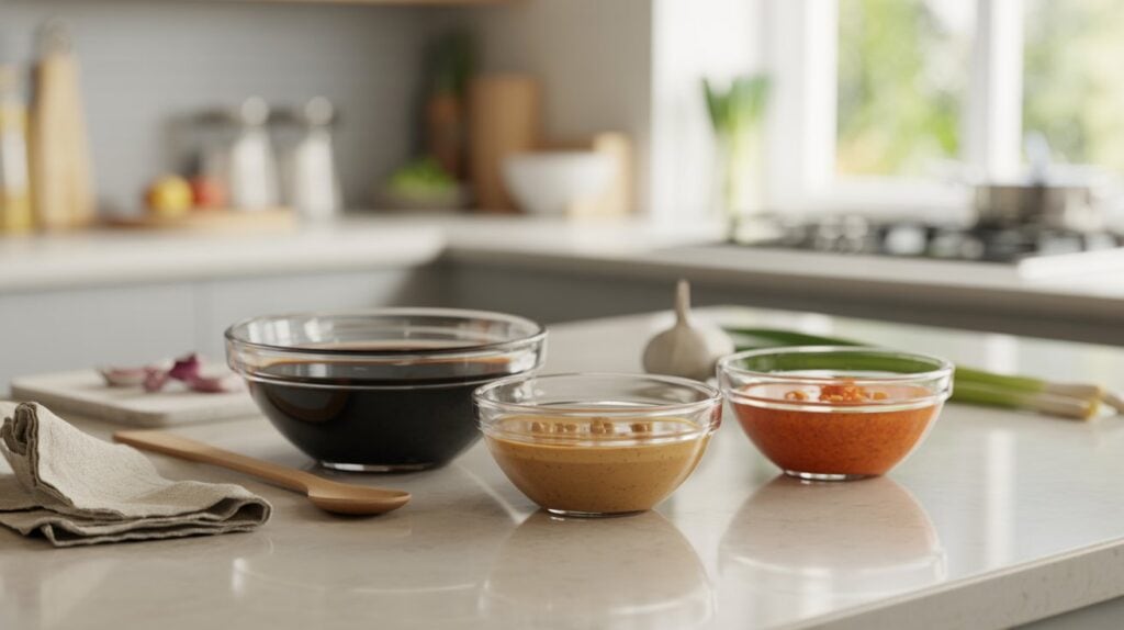 Three glass bowls filled with different sauces—dark soy, light brown, and bright orange—sit on a bright kitchen counter. A garlic bulb, green onions, and a wooden spoon await the perfect Beef & Broccoli Bowl creation.