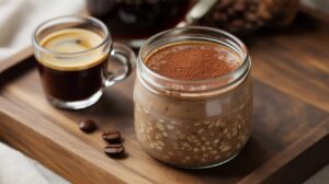 A glass jar of Mocha Overnight Oats topped with cocoa powder sits beside a cup of espresso on a wooden tray, with some coffee beans scattered nearby.